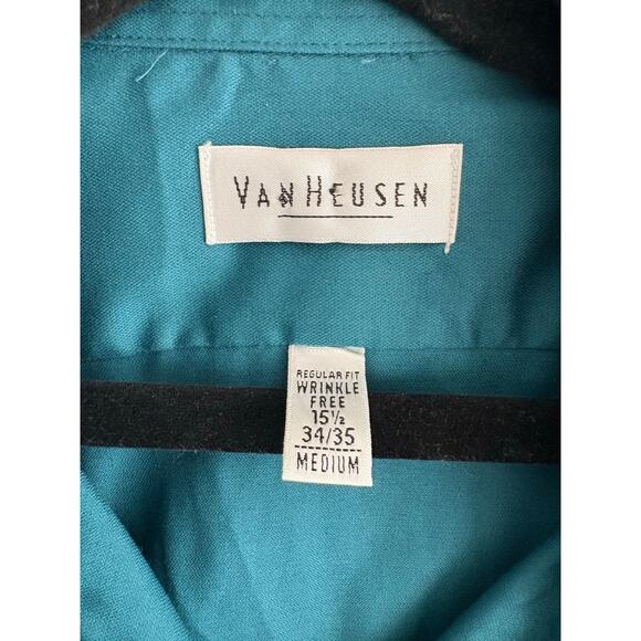 Van Heusen | Men's Teal Lux Sateen Wrinkle Free Button Down Shirt | 34/35 Medium - Picture 4 of 4